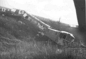 A view of the Bushey derailment from the bottom of the embankment where the locomotive and BG came to rest